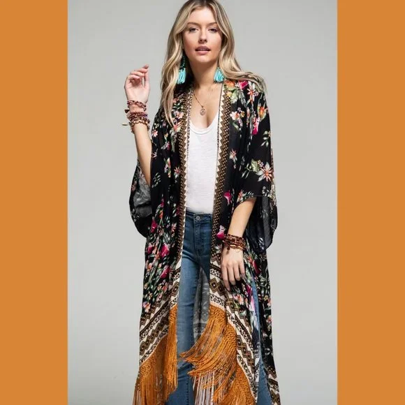 RESTOCK - Boho Floral Print Kimono Tassel Fringe Trim - Picture 5 of 8